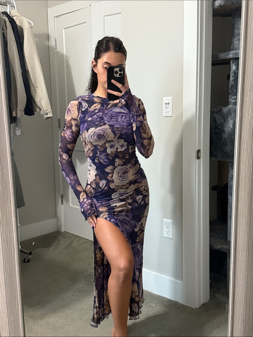 Free People Purple Floral Long-Sleeve Sheer Maxi Dress